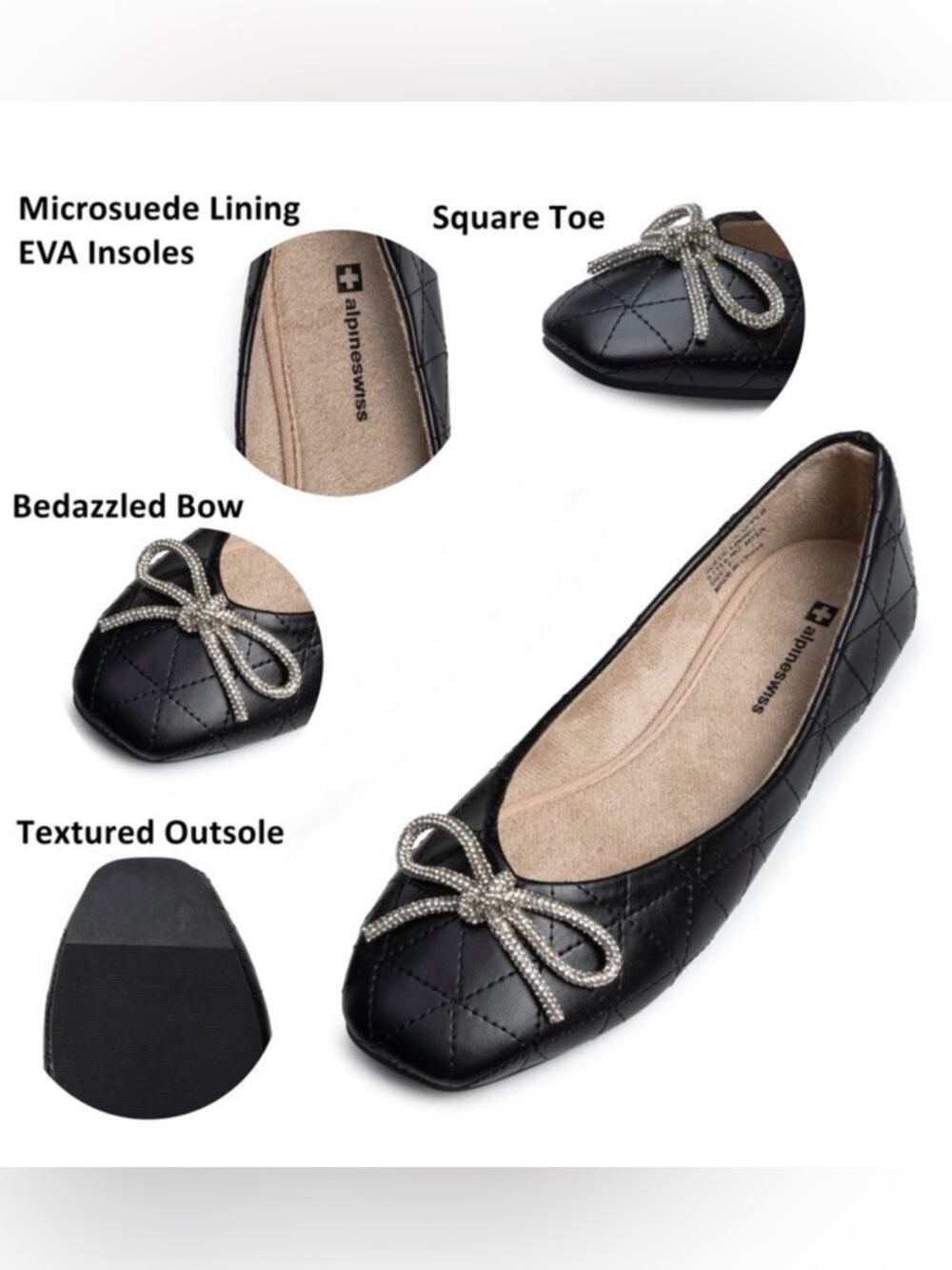 Alpine Swiss Myla Quilted Ballet Flats with Crystal Bow - Picture 4 of 11